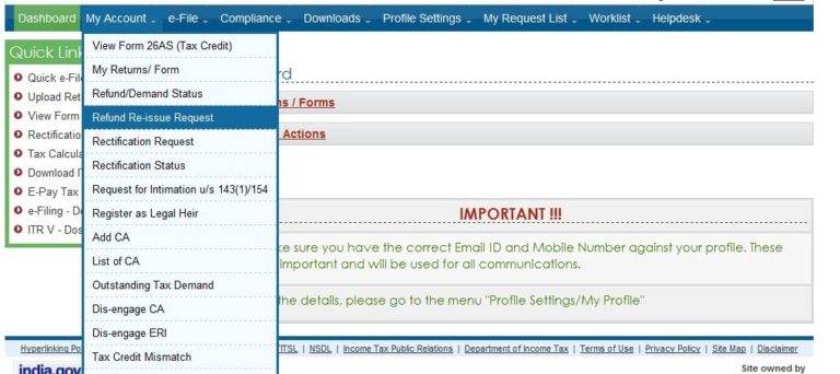 How to request for re issue of income tax refund online E filing Of 