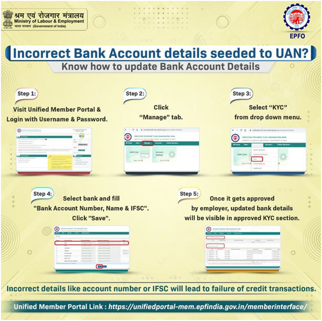 update bank account number online in EPF Account